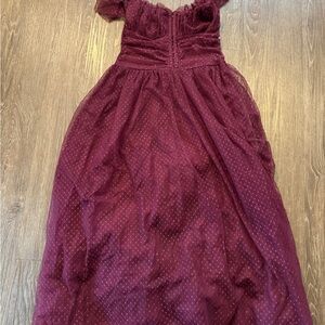 Lulu's woman's Burgundy Off-Shoulder Party Dress with Dotted Overlay